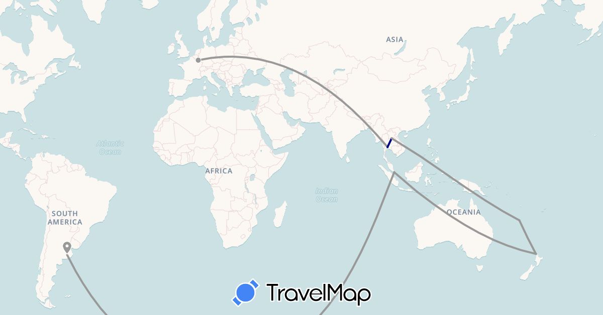TravelMap itinerary: driving, plane in Argentina, Belgium, Indonesia, Laos, New Caledonia, New Zealand, Singapore, Thailand (Asia, Europe, Oceania, South America)